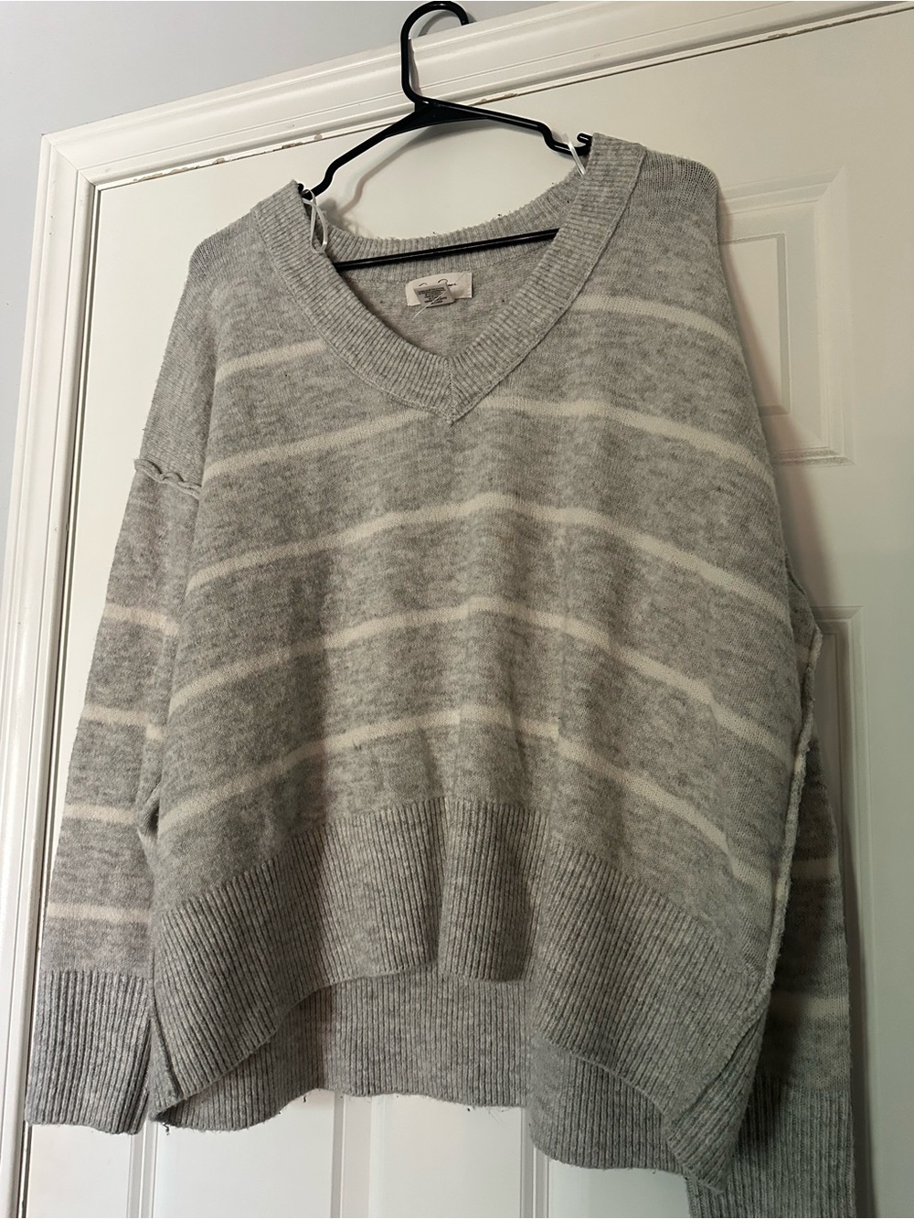 Jessica Simpson Gray and White Striped V-Neck Sweater